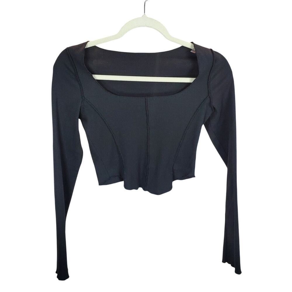 ANWND Black Square Neck Long Sleeve Crop Top Ribbed M